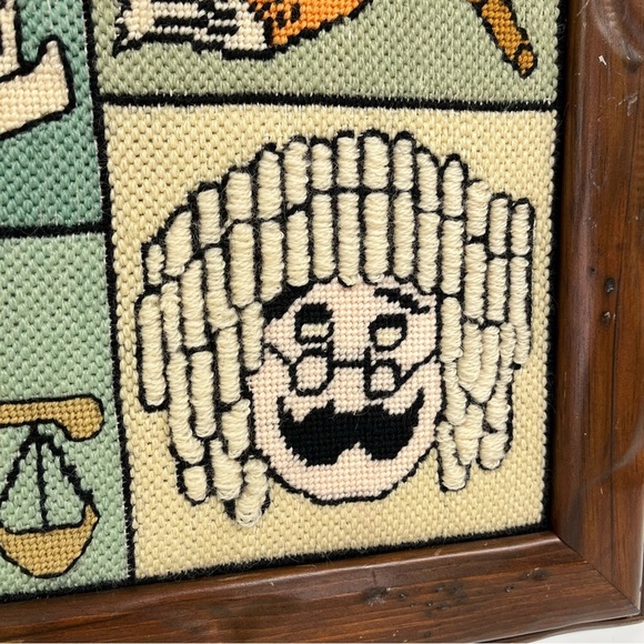Vintage 70s Framed Crewel Embroidery Picture judge Dixon green brown - Picture 3 of 6
